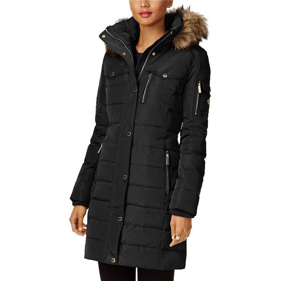 NEW MICHAEL KORS faux fur trim removable hood down puffer coat in black - Picture 1 of 1